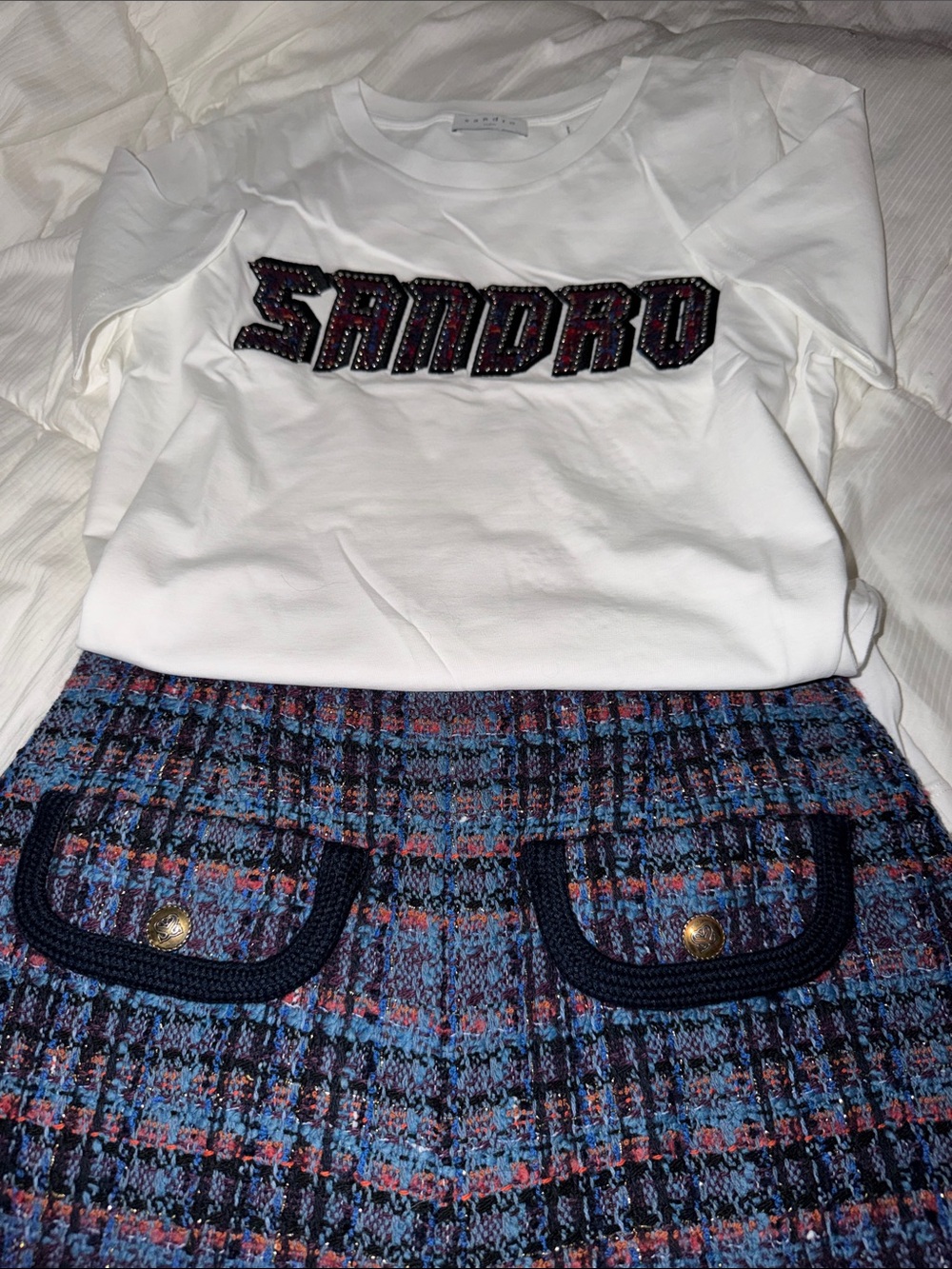 White T-Shirt With Tweed Lettering NWOT